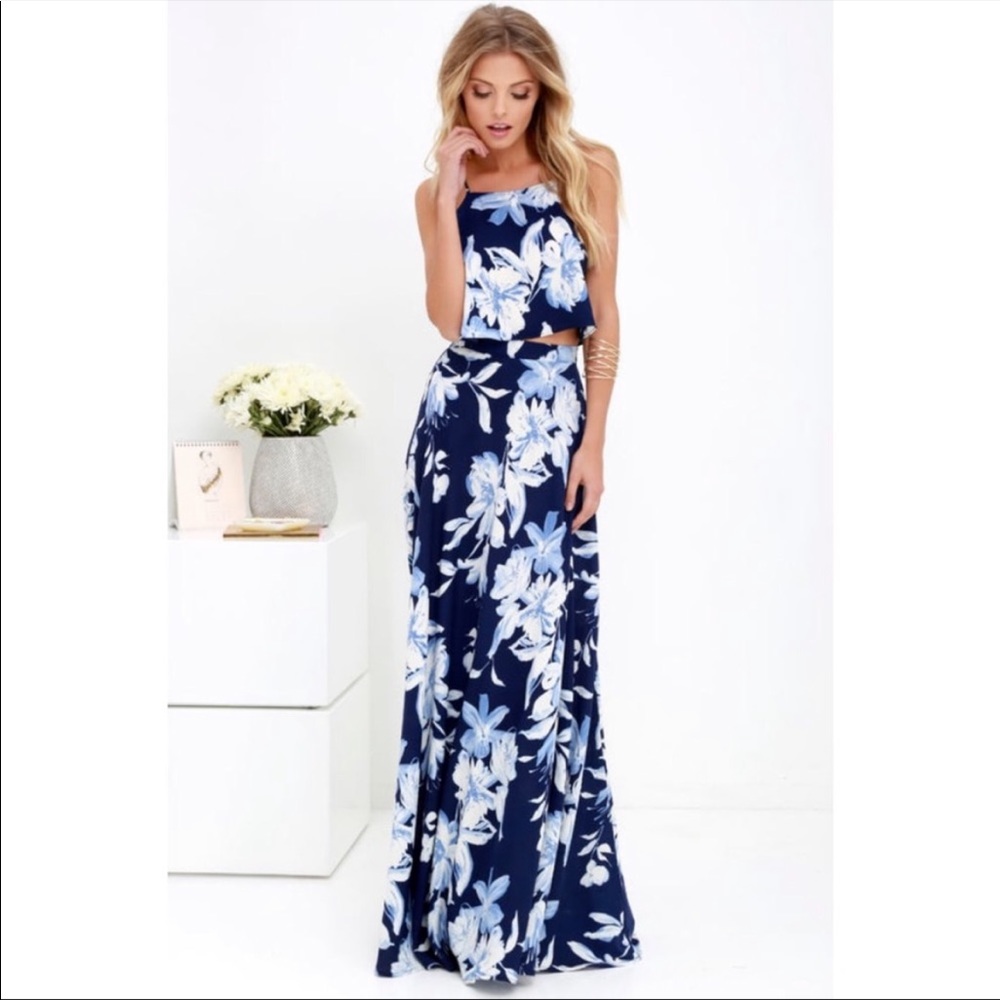 NWOT Lulus Love for Lanai Navy Blue White Floral Print Two-Piece Maxi Dress XS